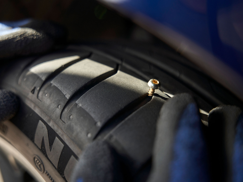 Volkswagen self-healing tyres with a nail inside