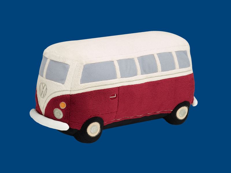 A Volkswagen T1 camper van soft toy in the original colours, red and white