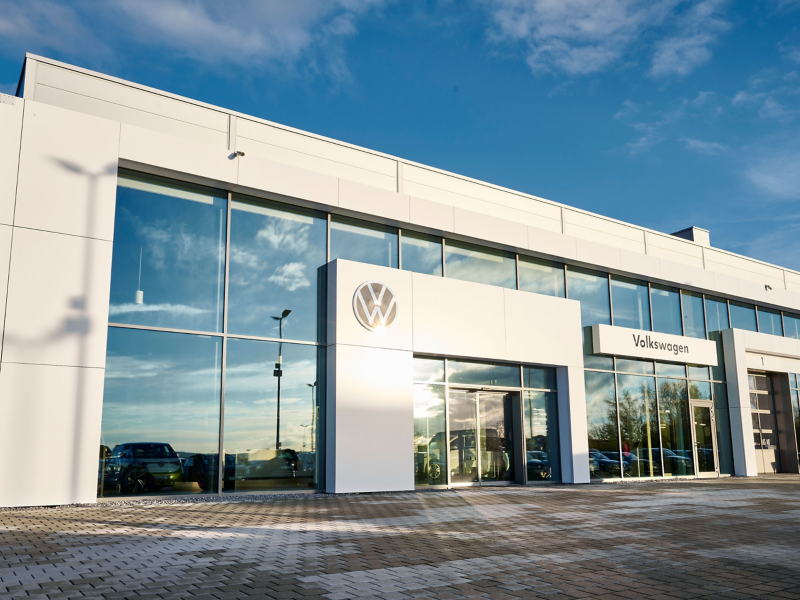 Sun shines on a VW dealership