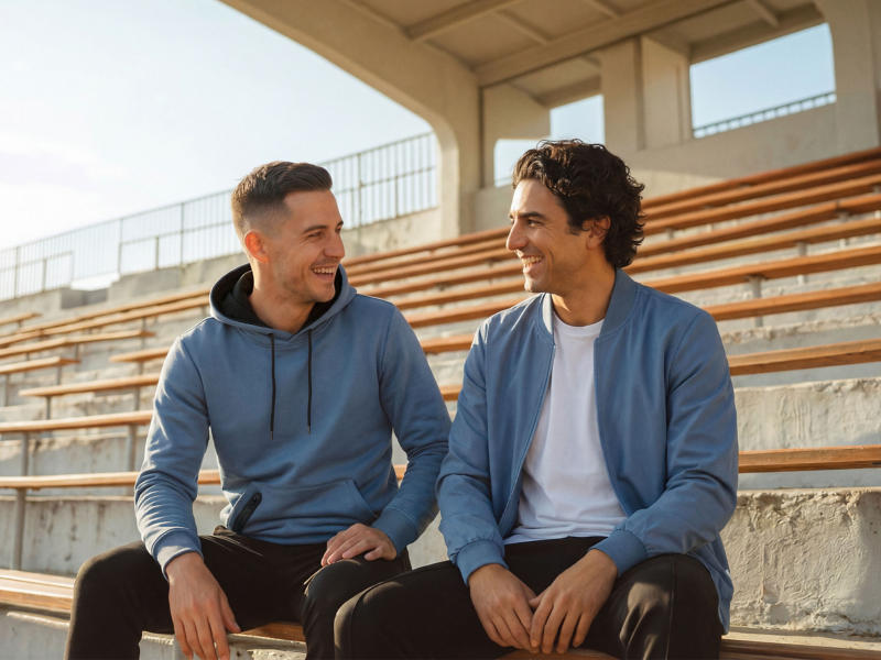 Zwei Männer mit Kleidung aus der ID. Kollektion sitzen auf einer Tribüne