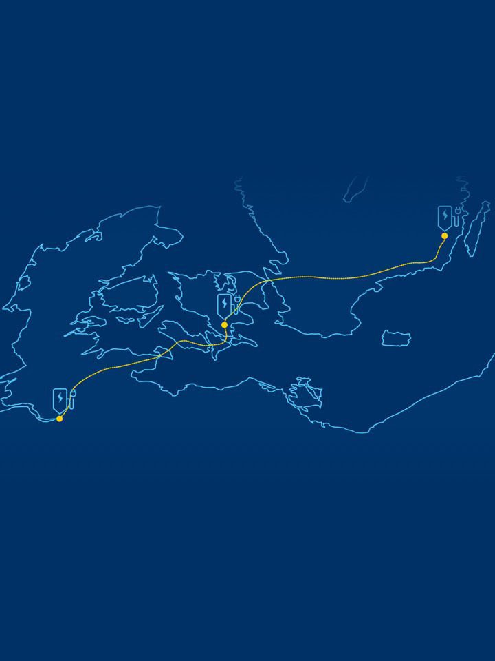 Ilustración de un recorrido por Europa con un vehículo a través de puntos de carga eléctrica