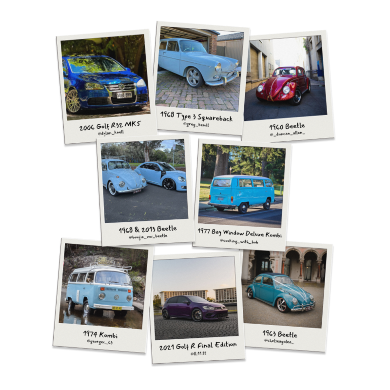 A collage showcasing polaroid images of iconic VW cars over past 70 years