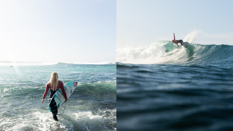 Collage de deux images : une jeune femme avec une planche de surf dans l'océan – courant vers l'eau et surfant sur une vague.