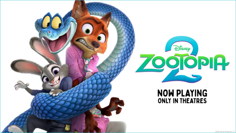 Characters from the animated film Disney Zootopia 2 appear over a white background - a rabbit and a fox wrapped by a snake. To the right, the logo of Disney Zootopia 2, with text reading "Now playing only in theatres"