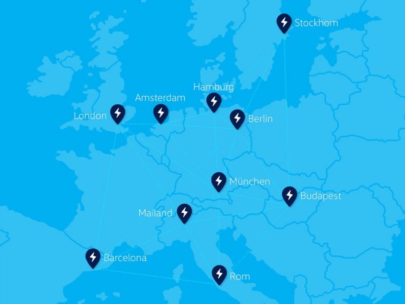 Una mappa delle 10 città più electric-friendly d'Europa, adatte ai viaggi con auto elettriche in quanto presentano il più alto numero di staizoni di ricarica: Milano, Roma, Londra, Berlino, Amsterdam, Amburgo, Stoccolma, Monaco, Barcellona e Budapest. 