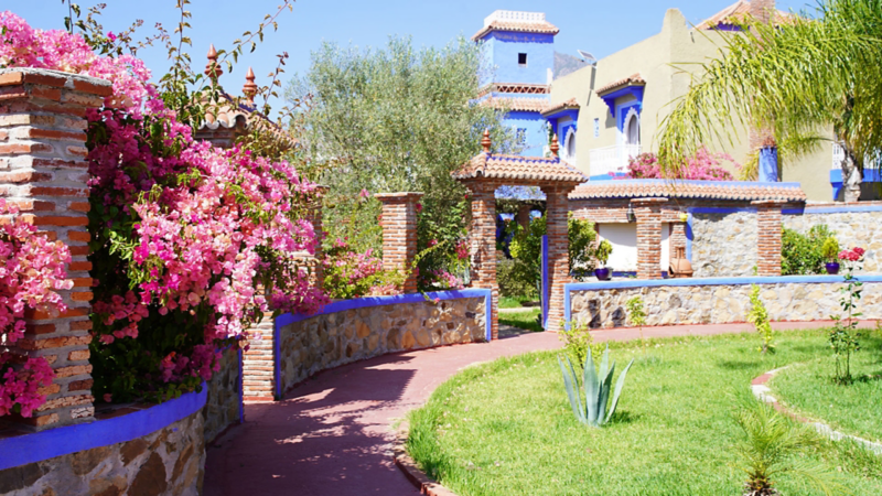 Chemin de jardin devant une propriété marocaine bleue, bordé de fleurs de bougainvillier rose vif et de murs en brique.