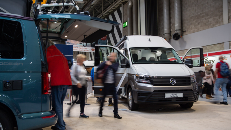 Grand California 680 on display with open doors
