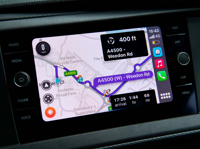 A closeup photo showing the in car navigation on the dashboard display module. 