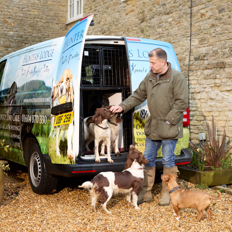 Richard the owner Hunters Lodge Doggy Daycare unloading dogs from the back of a VW van.