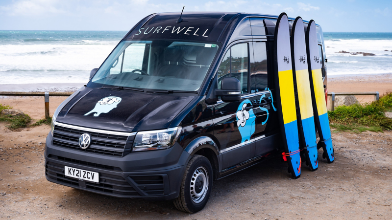 Surfboards leaning against the side of a VW van.