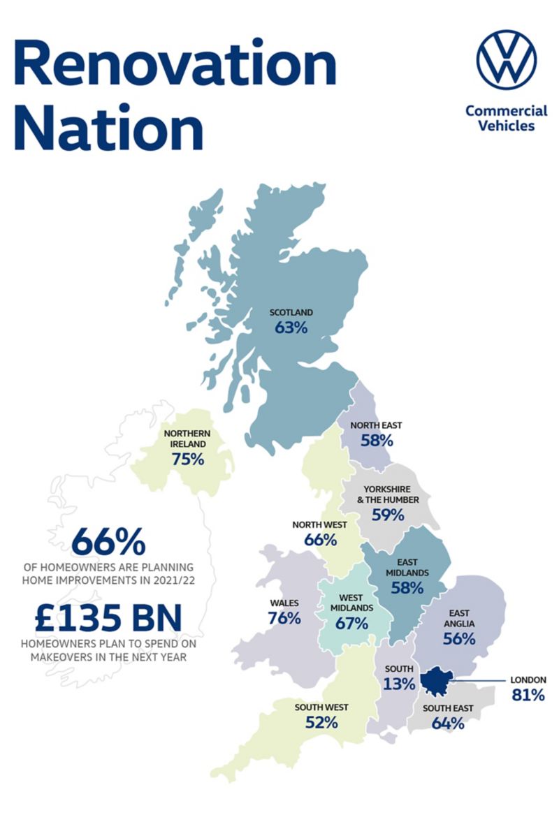 Infographic showing the percentage of homeowners planning home improvments on a map of the UK.