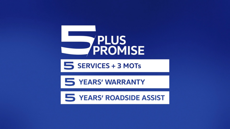 describing the 5 plus promise including details of services, MOTs, warranty, roadside assistance