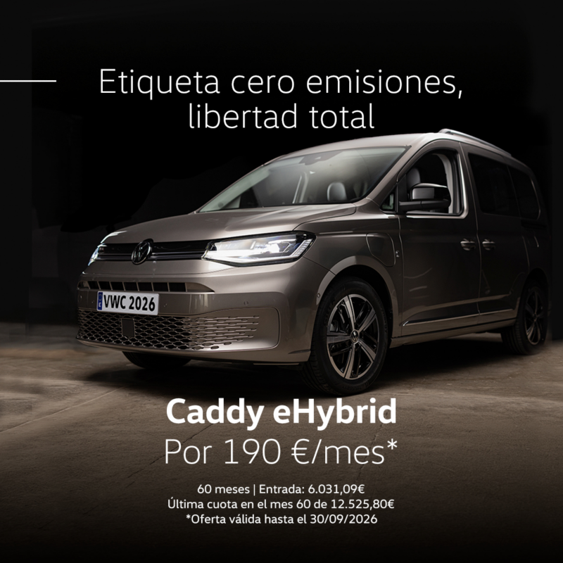 Campaña Always on Caddy eHybrid 2026. Coche marron vista frontal izquierda. Por 190€/mes. 60 meses. Entrada: 6.031,09€. Última cuota en el mes 60 de 12.525,80€. Hasta el 30/09/2026.