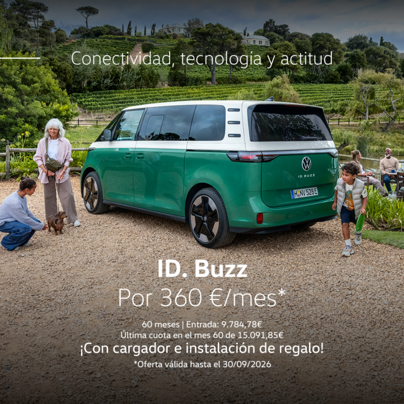 Campaña Always on ID BUZZ 2026. Coche blanco y verde vista trasera izquierda. Por 360€/mes. Entrada: 9.784,78€. Última cuota en el mes 60 de 15.091,85€. Con cargador e instalación de regalo. Oferta válida hasta el 30/09/2026