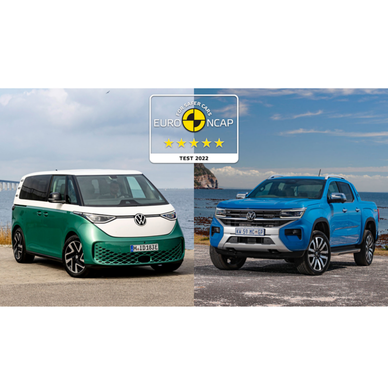 Logo NCAP na tle Volkswagena ID. Buzz i Volkswagena Amaroka.