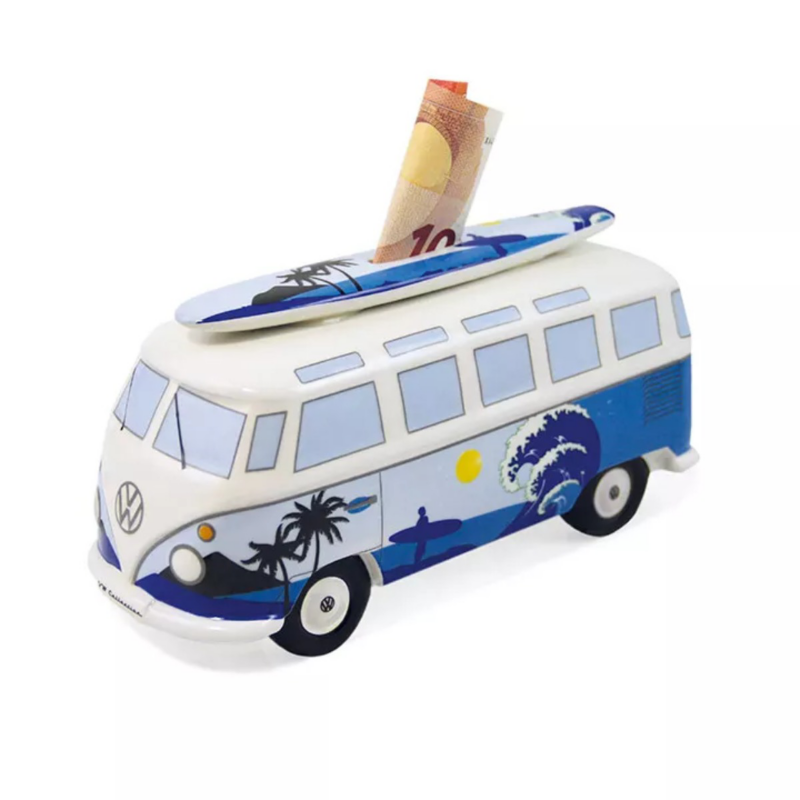 Alcancía en forma de Combi con estampado playero y surf. 