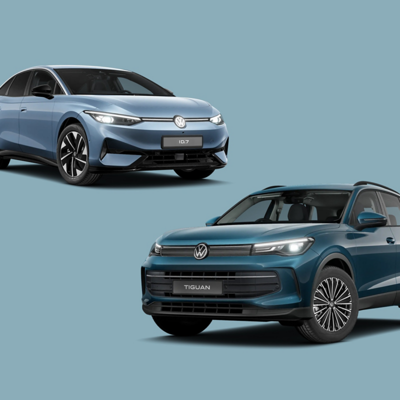 an all electric ID.7 and Plug-in Hybrid Tiguan on a blue background