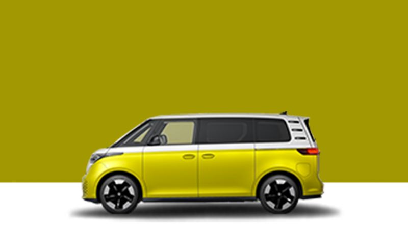 Side view of an Volkswagen ID. Buzz on a yellow background