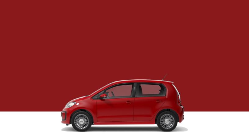 Side view of a Volkswagen up! on a red background