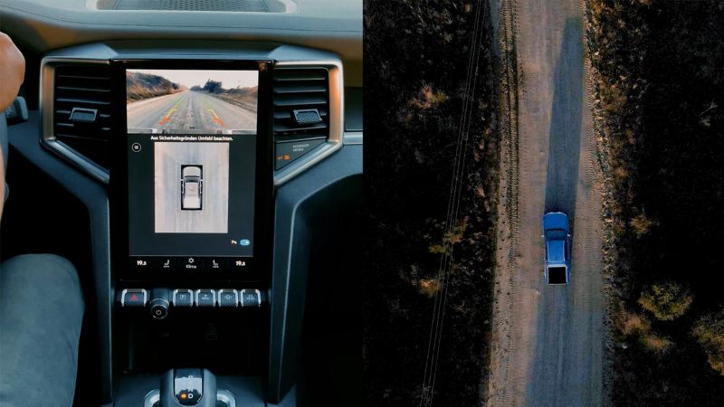 Kolaż zdjęć VW Amaroka od góry i zbliżenie na konsolę środkową.