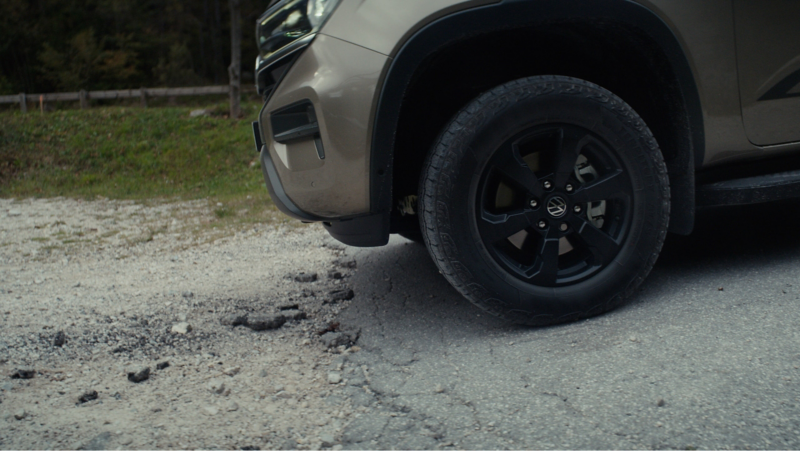 Close up of the front tyres on the VW Amarok.