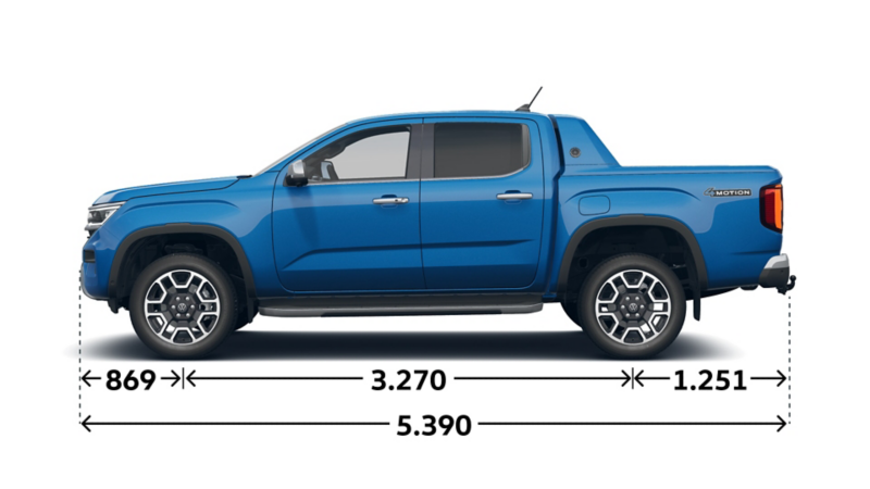 Måttskiss VW Amarok Aventura: Längd 5 390 mm, längd mellan hjulhus 3 270 mm.