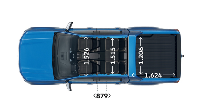 Måttskiss VW Amarok Aventura: interiör bredd framsäte 1 526 mm, baksäte 1 515 mm, flakyta bredd 1 206 mm, längd 1 624 mm.