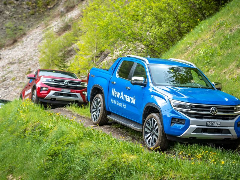 Mehrere Amaroks fahren über einen Hügel