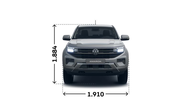 Måttskiss VW Amarok Life: Höjd 1 884 mm, bredd 1 910 mm.