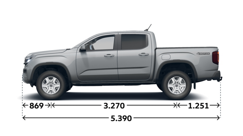 Måttskiss VW Amarok Life: Längd 5 390 mm, längd mellan hjulhus 3 270 mm.
