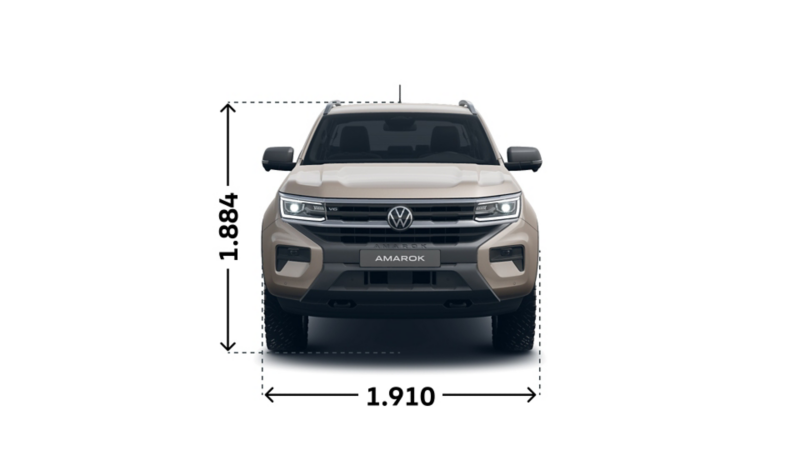 Måttskiss VW Amarok PanAmericana: Höjd 1 884 mm, bredd 1 910 mm.