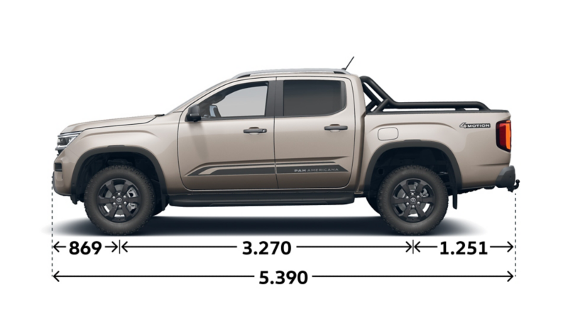 Måttskiss VW Amarok PanAmericana: Längd 5 390 mm, längd mellan hjulhus 3 270 mm.