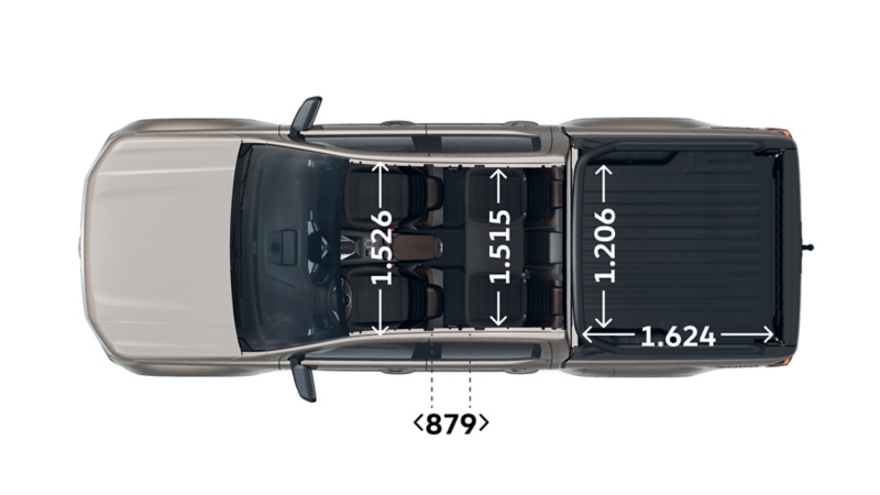Måttskiss VW Amarok PanAmericana: interiör bredd framsäte 1 526 mm, baksäte 1 515 mm, flakyta bredd 1 206 mm, längd 1 624 mm.