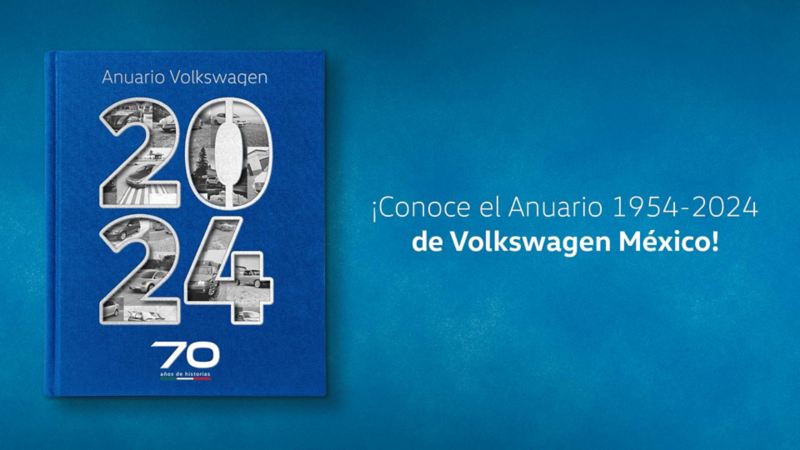 Anuario 2024 de Volkswagen México con forro de color azul, sobre fondo en tono azul.