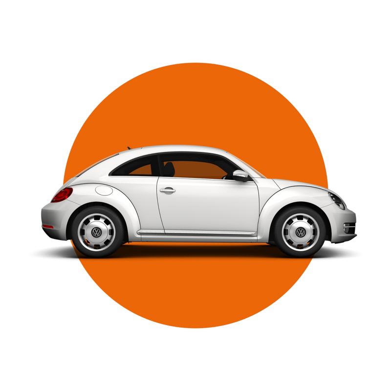 An approved used white VW beetle against an orange and white background