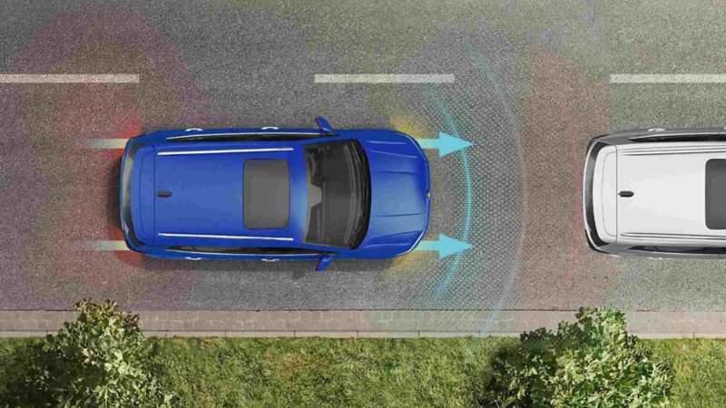 Radio de alcance y distancia del asistente de colisión frontal en camioneta 2023 de Volkswagen.