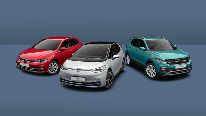 Polo, ID.3 et T-Cross sur un fond gris.