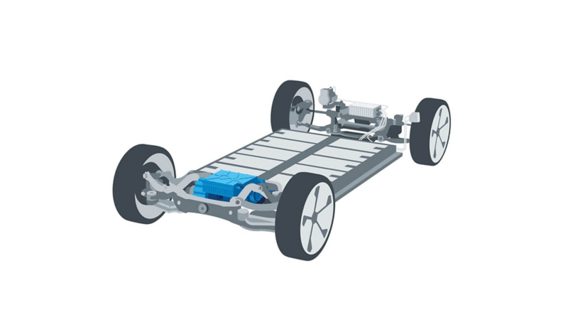 Représentation graphique de la plateforme MEB avec batteries et moteur électrique.