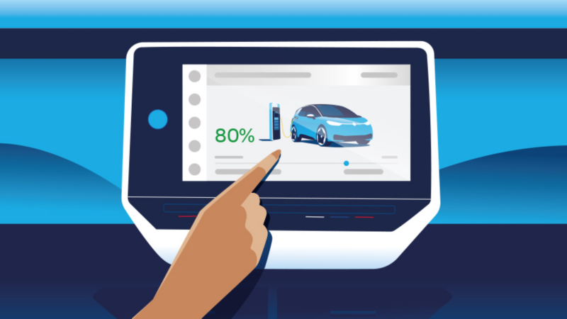 An illustrated Digital Cockpit with the charge manager on the screen