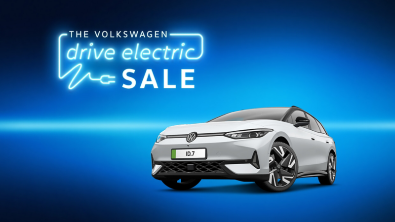 Drive Electric sale logo in neon style font with 3/4 view of the VW ID.7 and the ID.7 Tourer