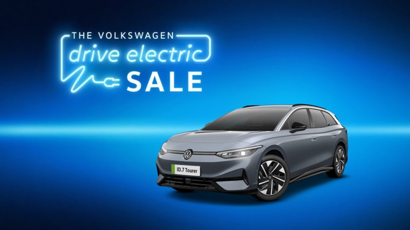 Drive Electric sale logo in neon style font with 3/4 view of the VW ID.7 and the ID.7 Tourer