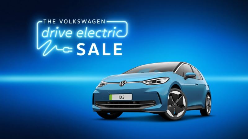 Drive Electric sale logo in neon style font with 3/4 view of the VW ID.3