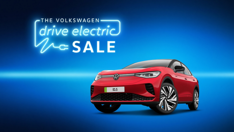 Drive Electric sale logo in neon style font with 3/4 view of the VW ID.5