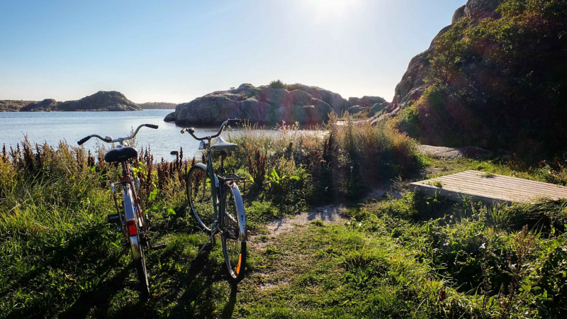 Photo showing two bicycles parked against a lake background. 