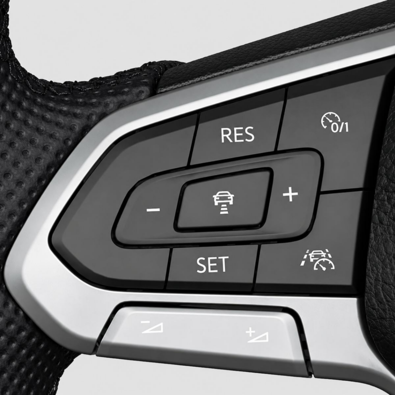 Detalle del lado izquierdo del volante multifunciones Volkswagen con botones RES, SET y controles del ACC.