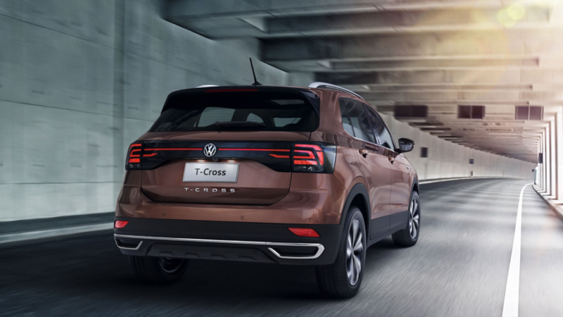brown vw t-cross rear view
