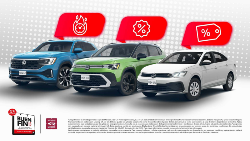 Autos y SUVs de Volkswagen que entran en las ofertas de Buen Fin 2025: Tera, Taos y Virtus.
