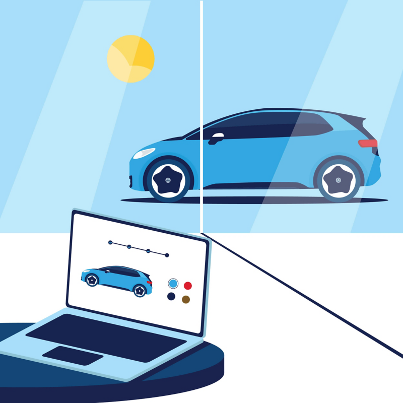 Illustration showing a laptop sitting on a table infront of a parked VW car. 