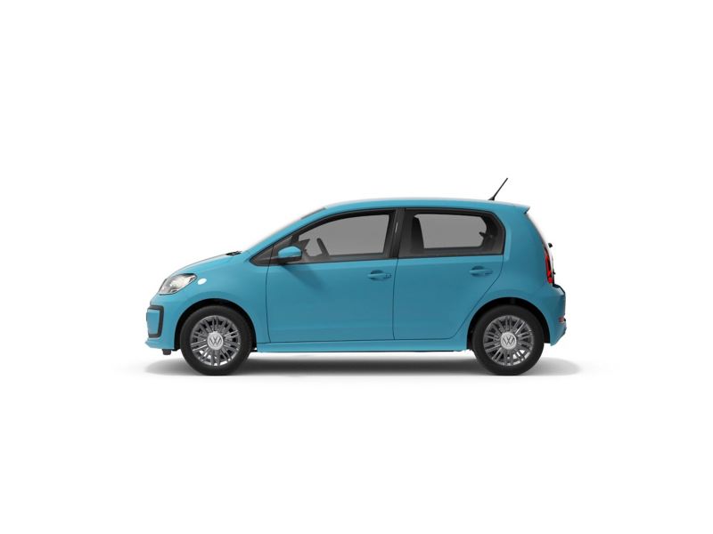 A blue Volkswagen up! from profile.