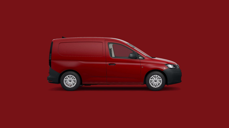 A VW Caddy Cargo against a plain red background. 